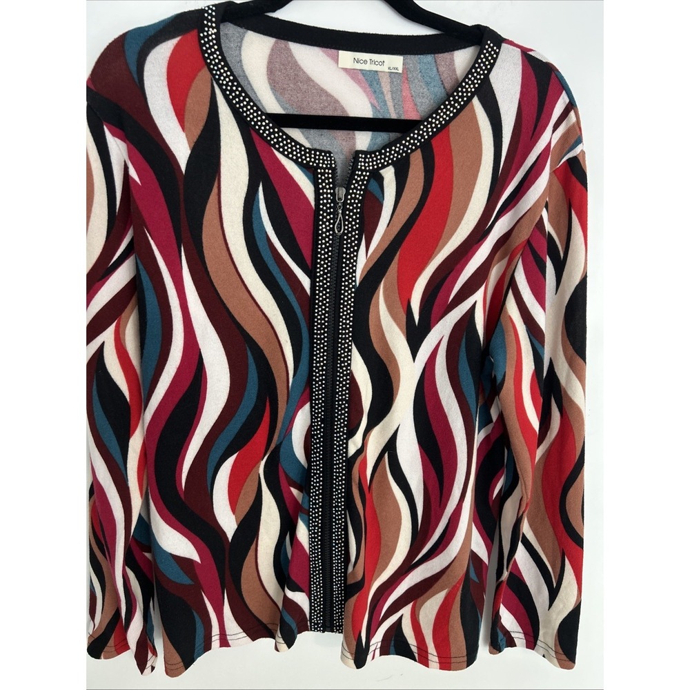 Nice Tricot‎ Women's Xl/XXL Long Sleeve Rhinestone Zipper Cardigan Sweater Comfy